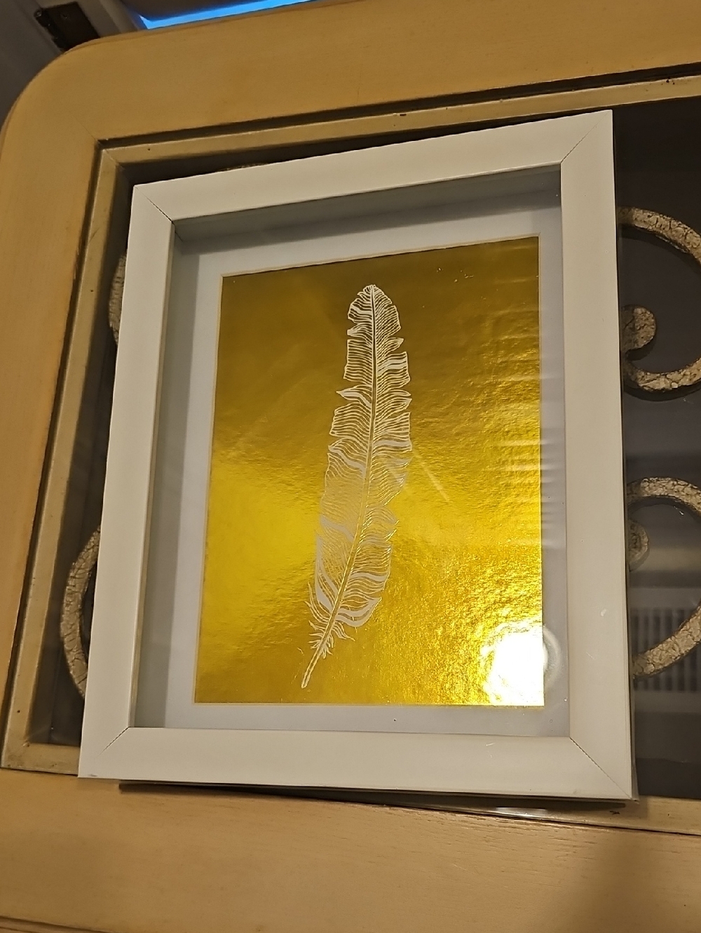 Gold Foil Feather Wall Art in White Frame 8x9 Brand New Without Tags